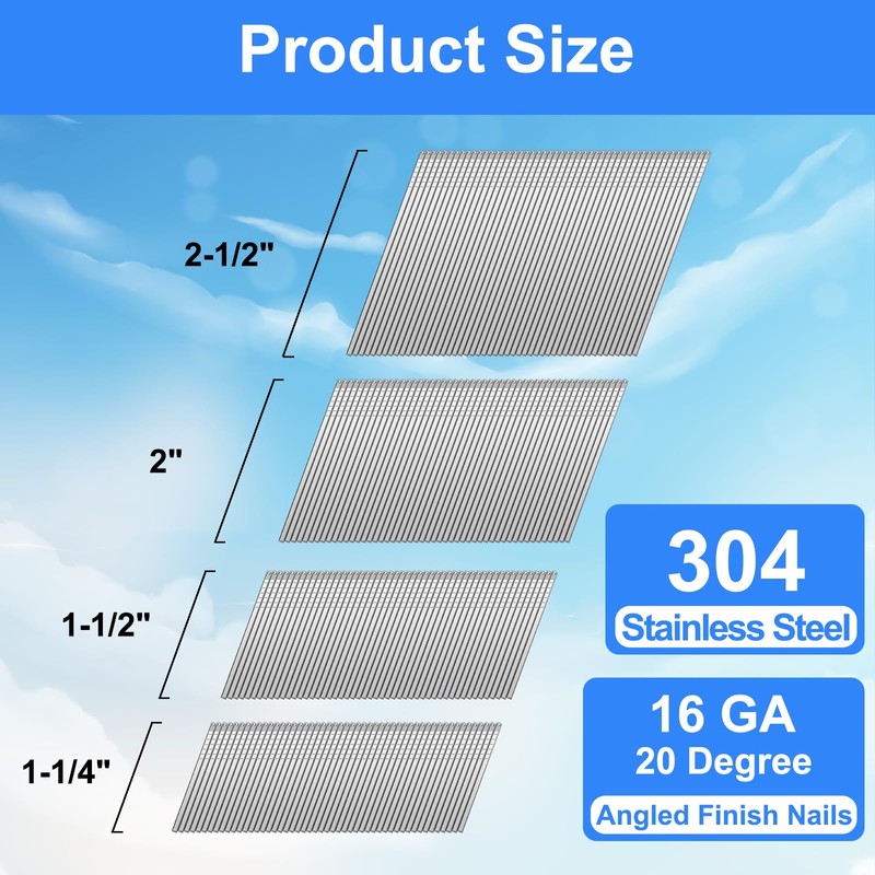 SimCos 16 Gauge Angled Finish Nails 304 Stainless Steel,(1-1/4", 1-1/2",