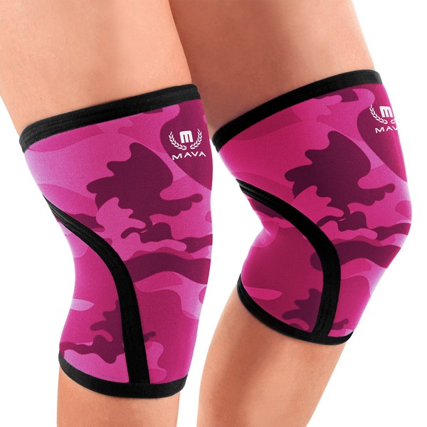 Mava Sports Knee Compression Sleeve Support for Men and Women with Perfect 7mm Neoprene Material for Powerlifting, Weightlifting, Body Building, Gym Workout, WOD and Squats (Camo Pink, Medium)..