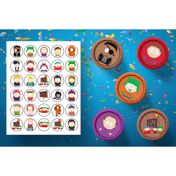 30 x Edible Cupcake Toppers Themed of South Park Collection of Edible Cake Decorations | Uncut Edible on Wafer Sheet