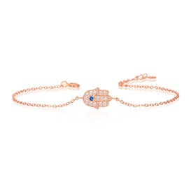 Diamond Treats Dainty Rose Gold Hamsa Bracelet in 925 Sterling Silver for Women and Teen Girls, Rose Gold Bracelet for Women with Cubic Zirconia Stones, Hand of Fatima Jewellery Gifts for Women