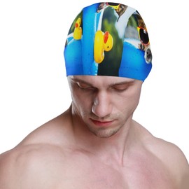 Dallonan Swimming Cap Summer Time Funny Dog and Yellow Duck Unisex Adult Swim Cap Polyester