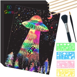 ZOCONE Scratch Paper Art Set, 50 Sheets 8x11in Rainbow Coated Scratchboard Large Scratch Paper with Wooden Styluses and Stencils, DIY Scratch Painting Art Paper for Kids Adults Birthday Christmas Gift