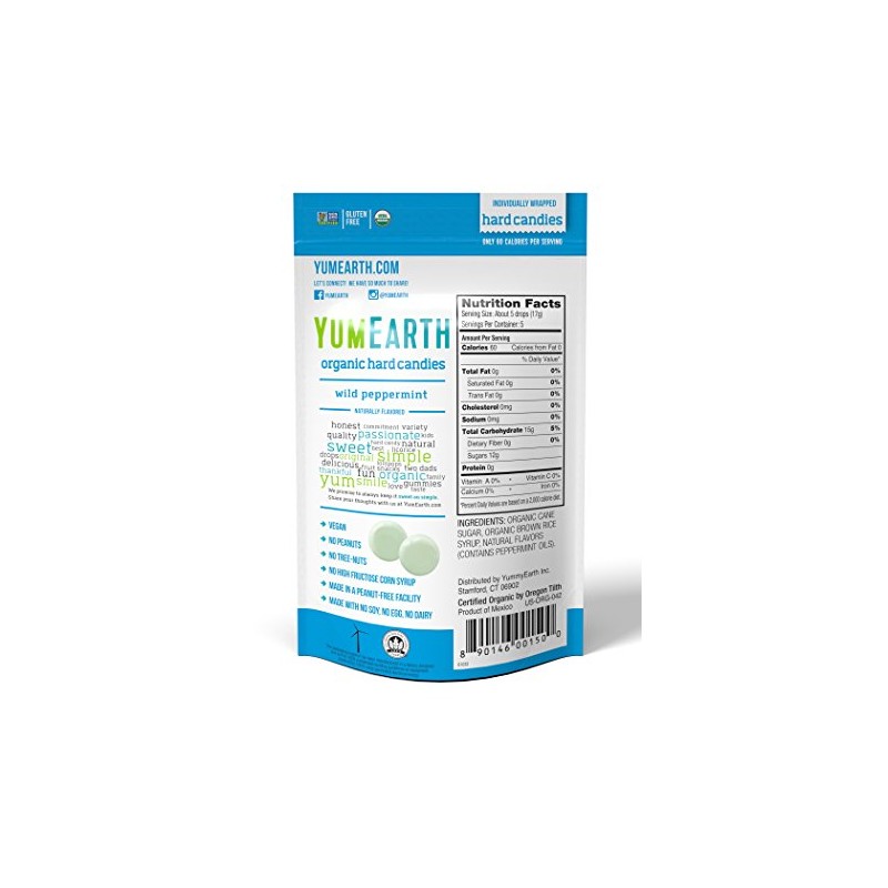 YumEarth Organic Wild Peppermint Drops - Mint Flavored Natural Hard