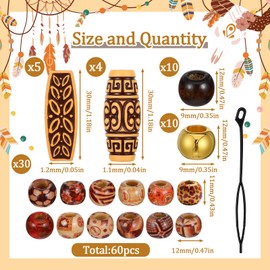 Matwsec 60 Pcs Vintage Wooden Hair Beads for Braids Large Hole Hair Jewelry for Dreadlock Loc Accessories Round Loose Bead Hairs Cuffs for Men Women Necklace Bracelet Hairs DIY Craft Handmade Decor