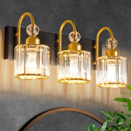 DIAMONDFORGE Bathroom Vanity Light Fixtures Over Mirror - Makeup Lighting Black Gold - for Modern Wall, Bath, Desk, Farmhouse, Hallway 3 Crystal Lights