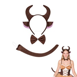 Bull Horn Headband Bull Costume Accessories Set, 3-Piece Including Brown Horn Headband with Ears, Bowtie, and Tail