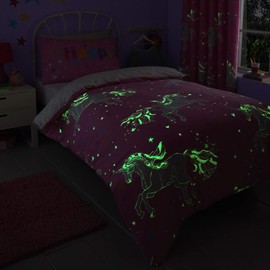 Bedlam Kids Unicorn Glow In The Dark Print Reversible Duvet Cover Set, 2 pieces, Multi, Single, Neon Pink