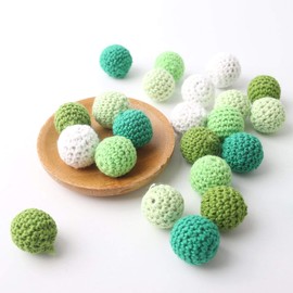 Promise Babe 20 mm Pack of 10 Adult Colourful Green Round Crochet Wooden Beads with Hole for Threading, Handmade Natural Wooden Balls DIY Jewellery Necklace Bracelet DIY Crafts Crocheted Wooden Beads