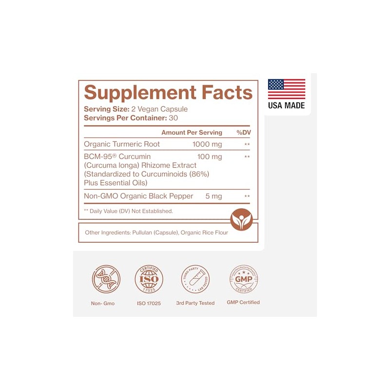 Turmeric Curcumin BCM-95 Supplement + Black Pepper, Organic, 60 Veg.