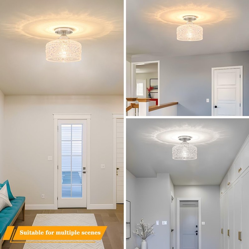 Brushed Nickel Semi Flush Mount Ceiling Light, Antique Ceiling Light