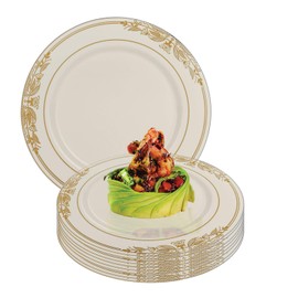 Elegant Disposable Plastic Dinner Plates 120 Pcs - 10.25" Heavy Duty Fancy White with Burgundy & Gold Rim Dinner Plates - Bulk Party Supplies For Wedding, Easter, Birthday & All Occasions