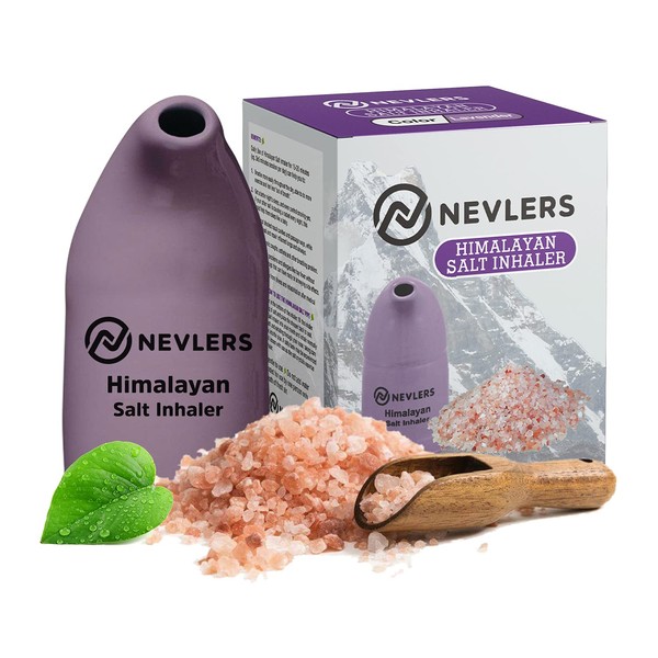 Nevlers Himalayan Salt Inhaler Ceramic with 6 Oz Himalayan Pink Salt Organic Coarse - for Allergies Relief - Portable & Natural Asthma Relief Inhaler - Lavender