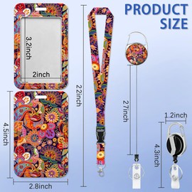 Boho Colorful Paisley Badge Holder with Detachable Lanyard, ID Card Holder Vertical ID Protector Clips, Fashionable Name Tags Clips with Heavy Duty Badge Reel for Nurse Doctor Office Employees