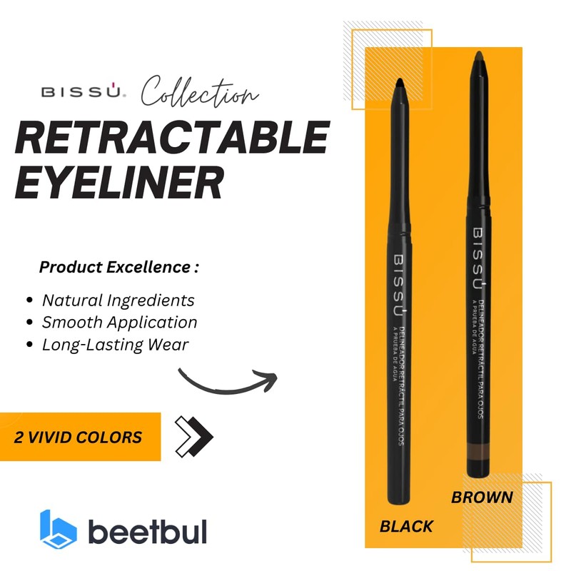 Bissú Retractable Eye Liner - Waterproof, 15-Hour Wear, Natural Ingredients,