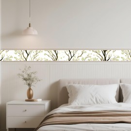 IVN Wallpaper Border Peel and Stick Decorative Wall Trim Self Adhesive Watercolor Tree Branch Design Wallpaper for Bathroom Laundry Room Pool Area Mirror Frame Shelf Wall Edge 4x196 Inch