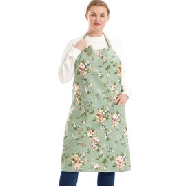 APRONNER Cotton Linen Baking Plus Size Aprons for Women with Pockets Kitchen Cooking Flower No.25