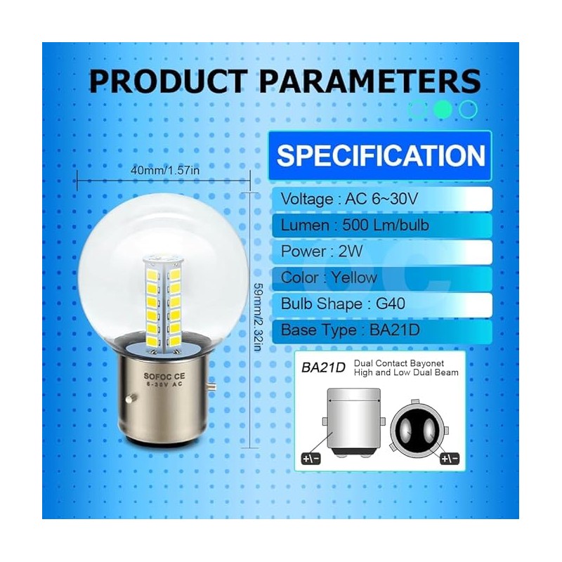 SOFOC- BA21D LED Bulbs High/Low Beam,Yellow G40 Bulb for Motorcycle