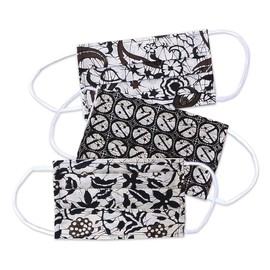 NOVICA Artisan Handmade Cotton Batik Face Masks 3 Black White Pleated 2layer Accessories Printed Indonesia ' Balinese Ebony' Set of 3