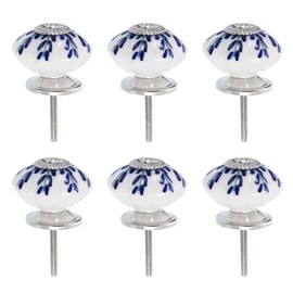 sourcing map 6 Pcs Floral Ceramic Pull Knobs, Vintage Round Cabinet Knobs, Willow Leaf Blue Ceramic Knobs Pumpkin Knobs for Kitchen Cabinet, Door & Drawer, Wardrobe, Cupboard