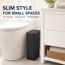 10L Slim Bathroom Trash Can with Press Top Lid, Black Small Garbage Can for Kitchen, Bedroom, Office and Bathroom