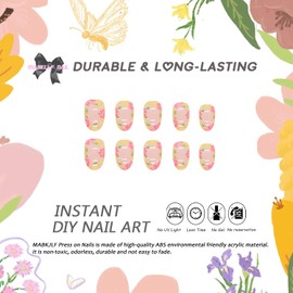 Press on Nails Short Round MABKJLF Fall Fake Nails Colorful Flower Full Cover False Nails with Designs Glossy Glue on Nails Acrylic Press on Nails Artificial Nails for Women Girls 24 Pcs