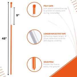Reflective Driveway Markers, 4ft Tall Snow Stakes with 9” Reflective Tape - High and Easy Visibility at Night - Protect Your Car, SUV, or Truck - 12 Pack
