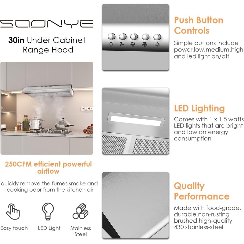 SOONYE 30 inch Stainless Steel Under Cabinet Range Hood, Slim