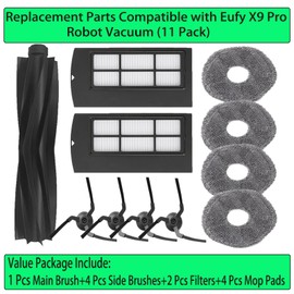 Replacement Parts for Eufy X9 pro: Replace Accessories for Eufy X9 Pro CleanerBot Robot Vacuum 1 Main Brush 4 Side Brush 2 Filter 4 Mop Pad (11 Pack)
