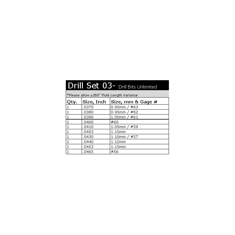 Ten Size Carbide Drill Bit Set .037" - .0465" #63#62#61#60#59#58#57