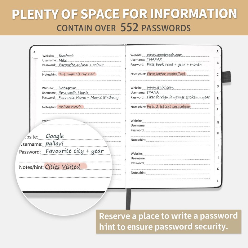 Password Book with Alphabetical Tabs, Hardcover Password Keeper, Password Notebook
