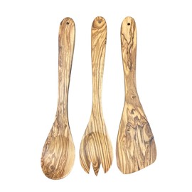 Zerazi Set of 3 Kitchen Utensils, Olive Wood, 1 Spoon, 1 Spatula, 1 Fork, 30 cm, Ecological, Fully Handmade, Durable, Hygienic
