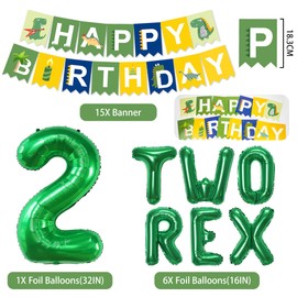 Dinosaur 2nd Birthday Decorations for Boys - Green Two Rex and Number Foil Balloons, Dino Happy Birthday Banner Dinasour Themed Hanging Swirls Decor for Kids 2 Years Old Jungle Party Supplies