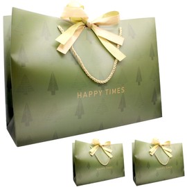 Green Paper Gift Bags with Handles and Colorful Silk Ribbon Tree Patterns Shopping Bags for Christmas Birthdays Mothers Day Party Holidays and More (large size)