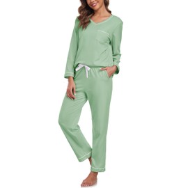 COLORFULLEAF Women's Long Pyjamas 100% Cotton Pyjamas Two Piece Lounge Set V-Neck Sleepwear Long Sleeve Loungewear, sage green, M