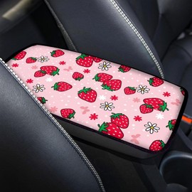 FUIBENG Auto Center Console Pad,Soft Waterproof Car Center Console Cover Auto Armrest Seat Box Cover Protector for Most Vehicle SUV Truck Car, Pink Strawberry