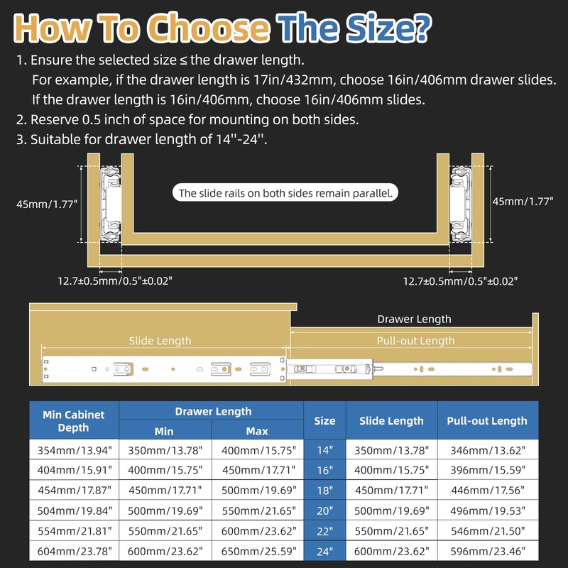Furniware 1 Pair 14 Inch Soft Close Drawer Slides Side