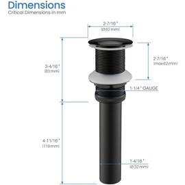 KIBI Bathroom Sink Pop Up Drain Without Overflow | Vessel Sink Drain Stopper with Small Cover | Brass Construction with Multi-Layer Finish Easy Installation – (Matte Black, KPW101MB-A)