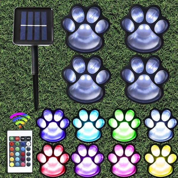 Solar Paw Print Lights,16 Color Changing Outdoor Pet Lights with Remote, Set of 4 Waterproof Dog Cat Paw Print Keepsake for Outdoor Garden Backyard Patio Decor - Gift for Pets Lovers -Multi Color