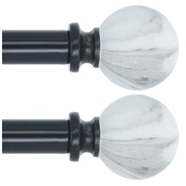 MERIVILLE 1-Inch Diameter Single Window Treatment Curtain Rod, White Marble Ball Finial (48"-84" | 2 Pack, Black)