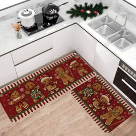 Moutina Gingerbread with Candy Cane Christmas Kitchen Rugs Set of 2, Winter Snowflake Xmas Holiday Home Decor Low-Profile Kitchen Mats for Floor - 17x29 and 17x47 Inch