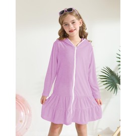 LUCKYGAL Girls Swim Cover Up Kids Swimsuit Coverup Purple Long Sleeve Zip-Up Beach Pool Clothes, Size 6 7
