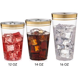 Perfect Settings 100 Premium Gold Plastic Cups 14 Oz Clear Plastic Double Gold Rimmed Cups Fancy Disposable Wedding Cups Elegant Party Cups with Twin Gold Rim (14 Oz)