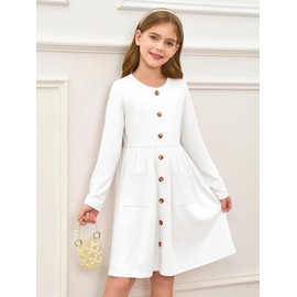 Girls Dresses Kids Button Down Midi Long Sleeve Casual A Line Dress with Pockets 4-14 Years White