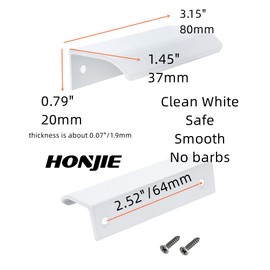 HONJIE 10Pcs 3.15" White Arc Surface Pull,White Edge Pulls Furniture Drawer Handles Hidden Cabinet Handle,Hole Dia.2.52"/64mm