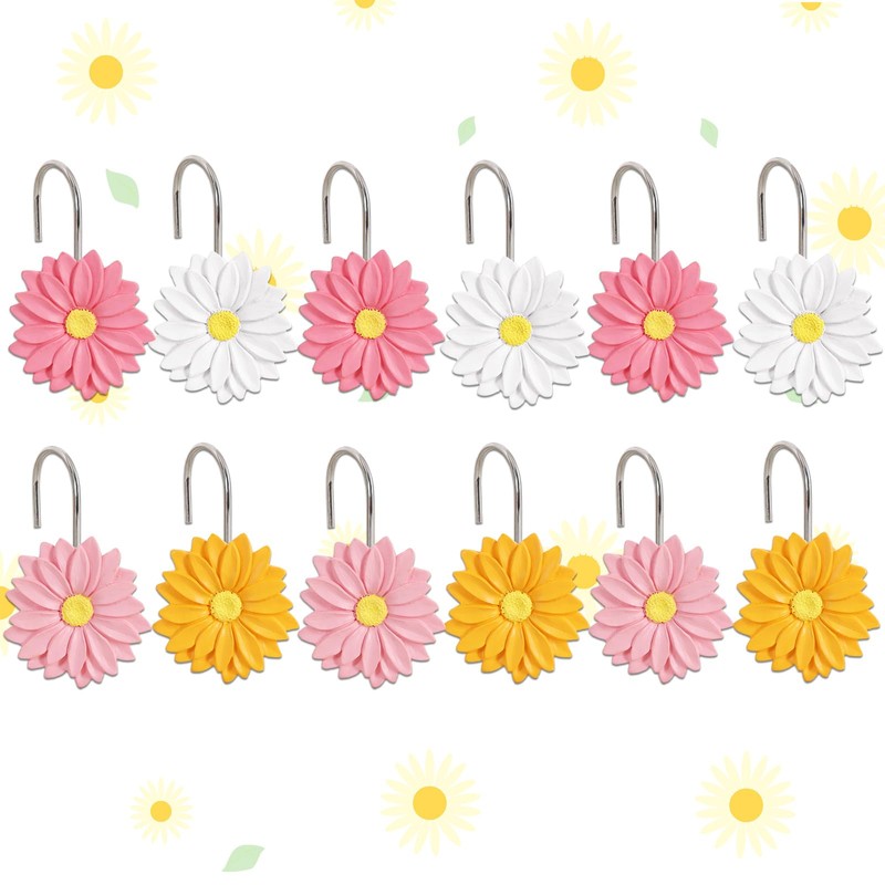 CTOHN 12-Piece Flowers Shower Curtain Hooks, Daisy Floral Stainless Steel