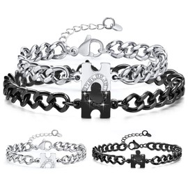 APRRMLIZW Pair of Bracelets Partner Bracelets with Puzzle Couple Bracelet with Engraving Adjustable Curb Chain in Silver and Black Magnetic Partner Bracelets Gift for Him and Her Couples, Stainless