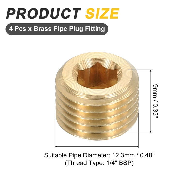 sourcing map 4Pcs Brass Pipe Plug Fitting, 1/4" BSP Male