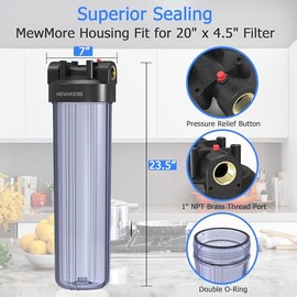 WHT20 Whole House Water Filter Housing, Fit 20"x4.5" Sediment etc Filters for Well and City Water, Big Filter Blue Pre-Filtration System for Home, 1" NPT Port, Pressure Release (Clear Housing)