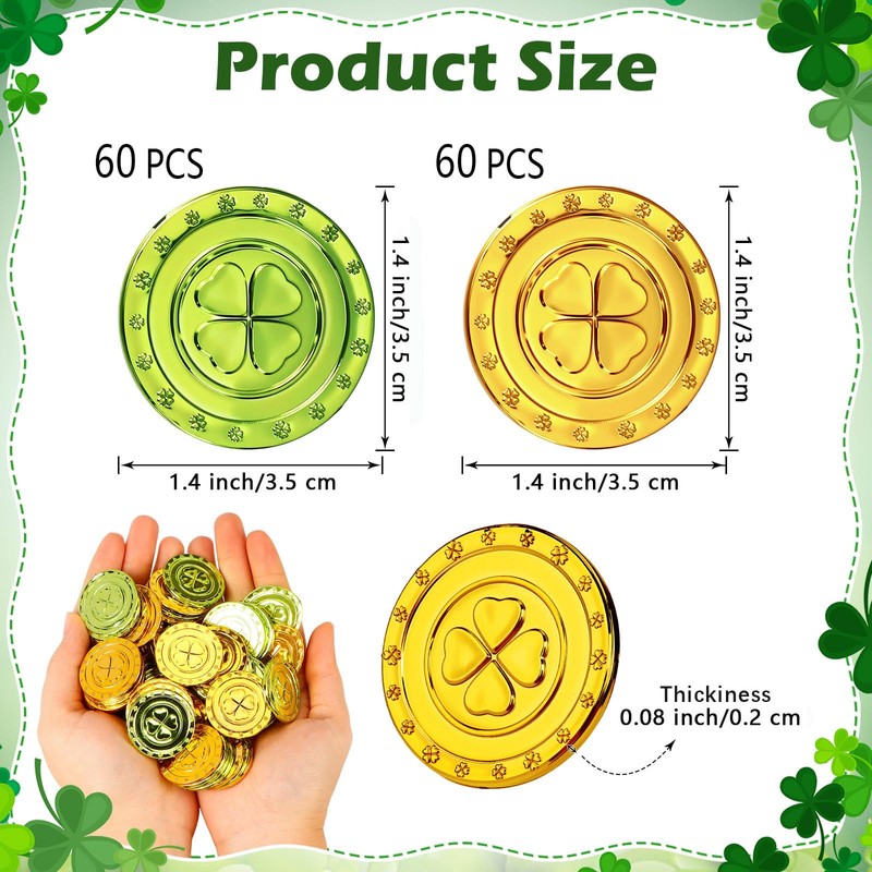 120 Pcs St. Patrick’s Day Shamrock Coins, Gold and Green