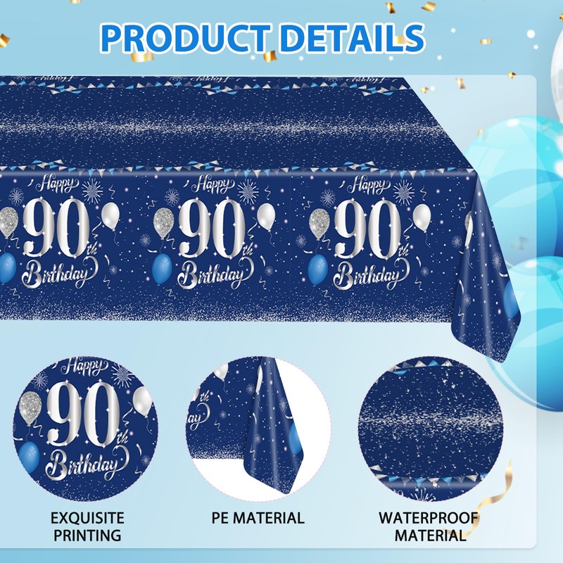 Xiliconie 3PCS 90th Birthday Tablecloth Blue and Silver Theme Party